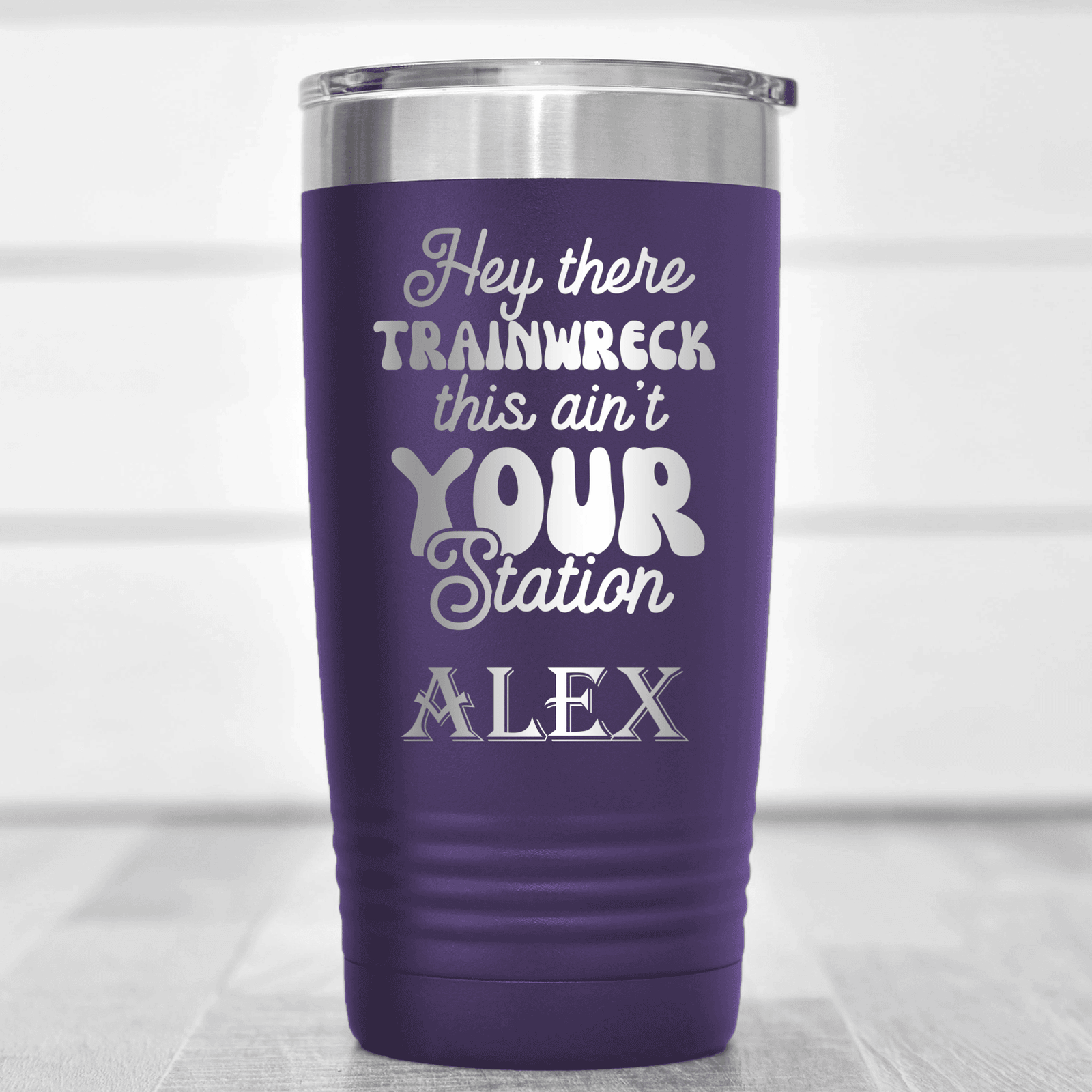 Purple Funny Tumbler With Trainwreck Station Design