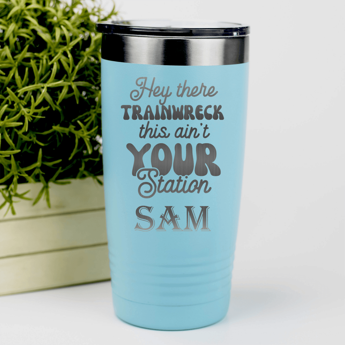 Teal Funny Tumbler With Trainwreck Station Design