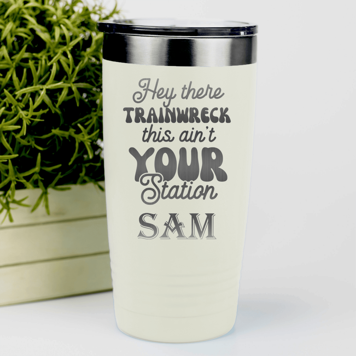 White Funny Tumbler With Trainwreck Station Design