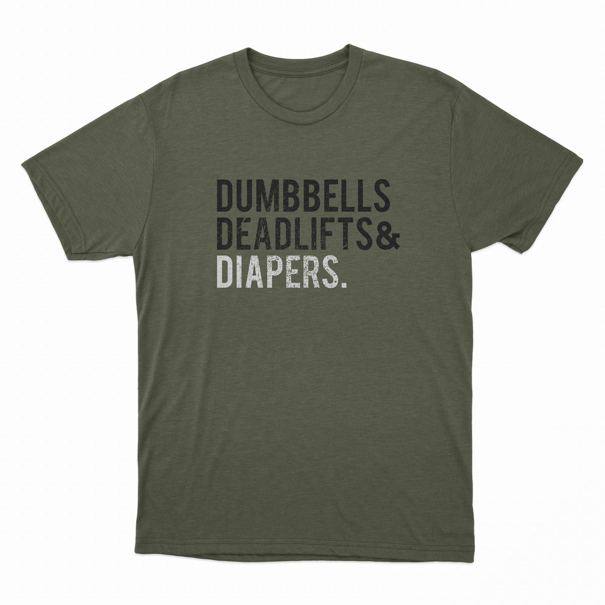 Black Triple D dad shirt with “Dumbbells, Deadlifts & Diapers” print, cotton-poly blend.