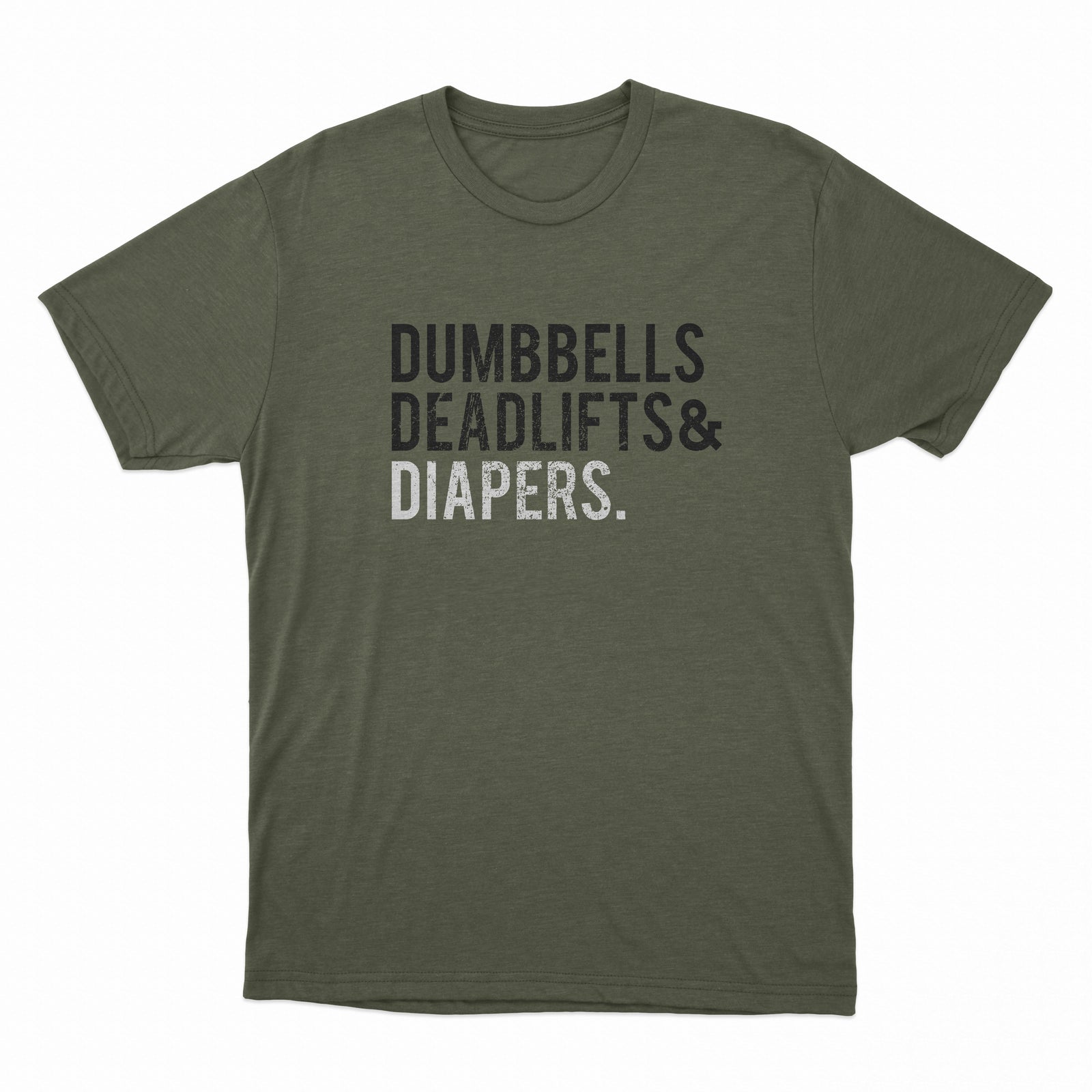 Black Triple D dad shirt with “Dumbbells, Deadlifts & Diapers” print, cotton-poly blend.