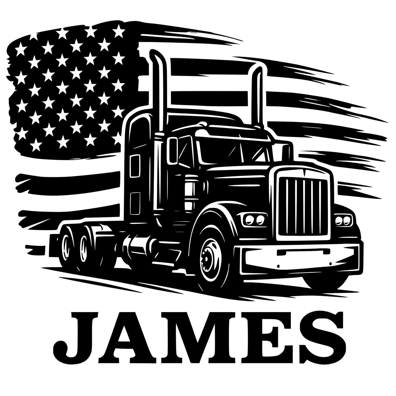 Black and white line art design featuring semi-truck with American flag and sample personalization "JAMES" engraved below