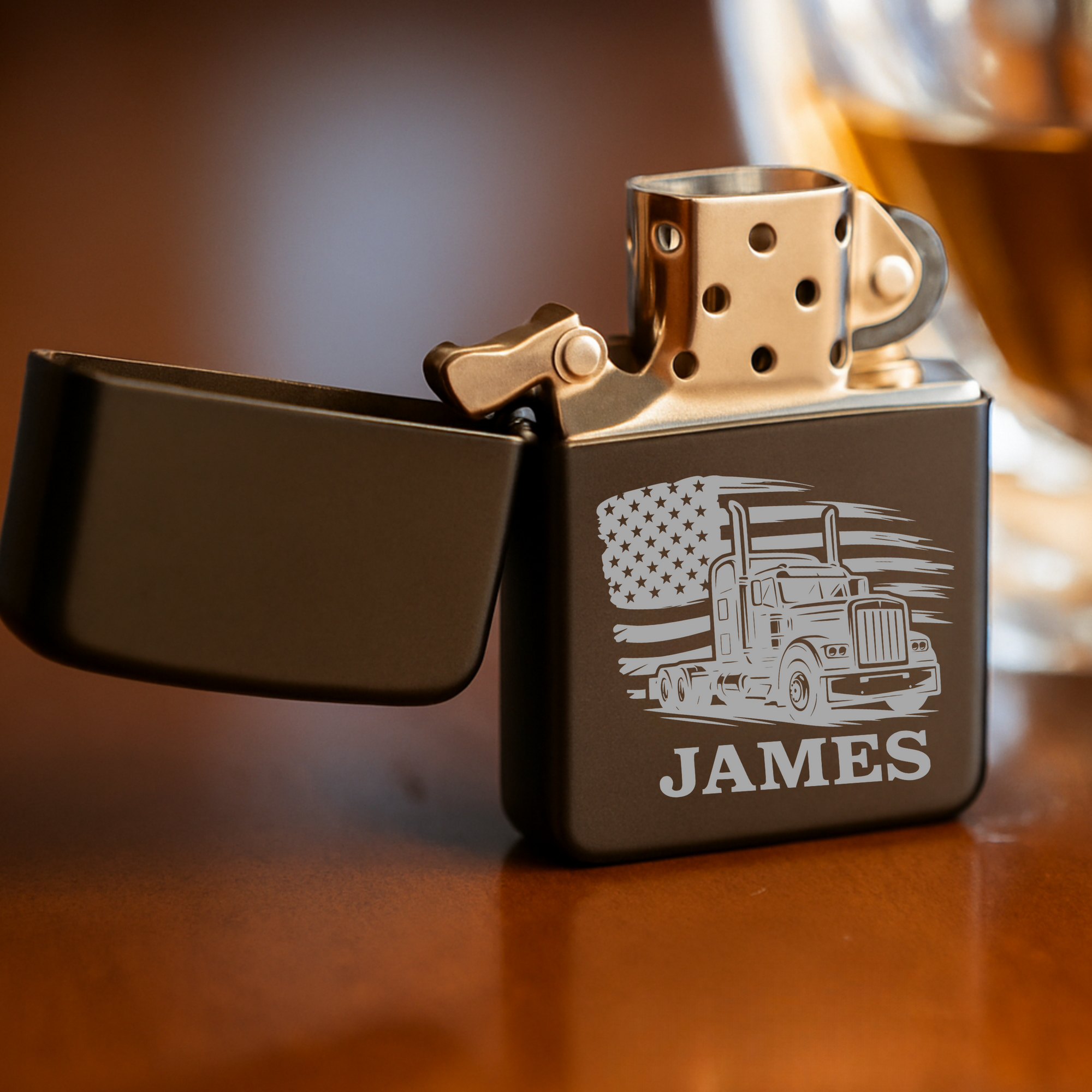 Custom engraved trucker flip lighter with American flag and name