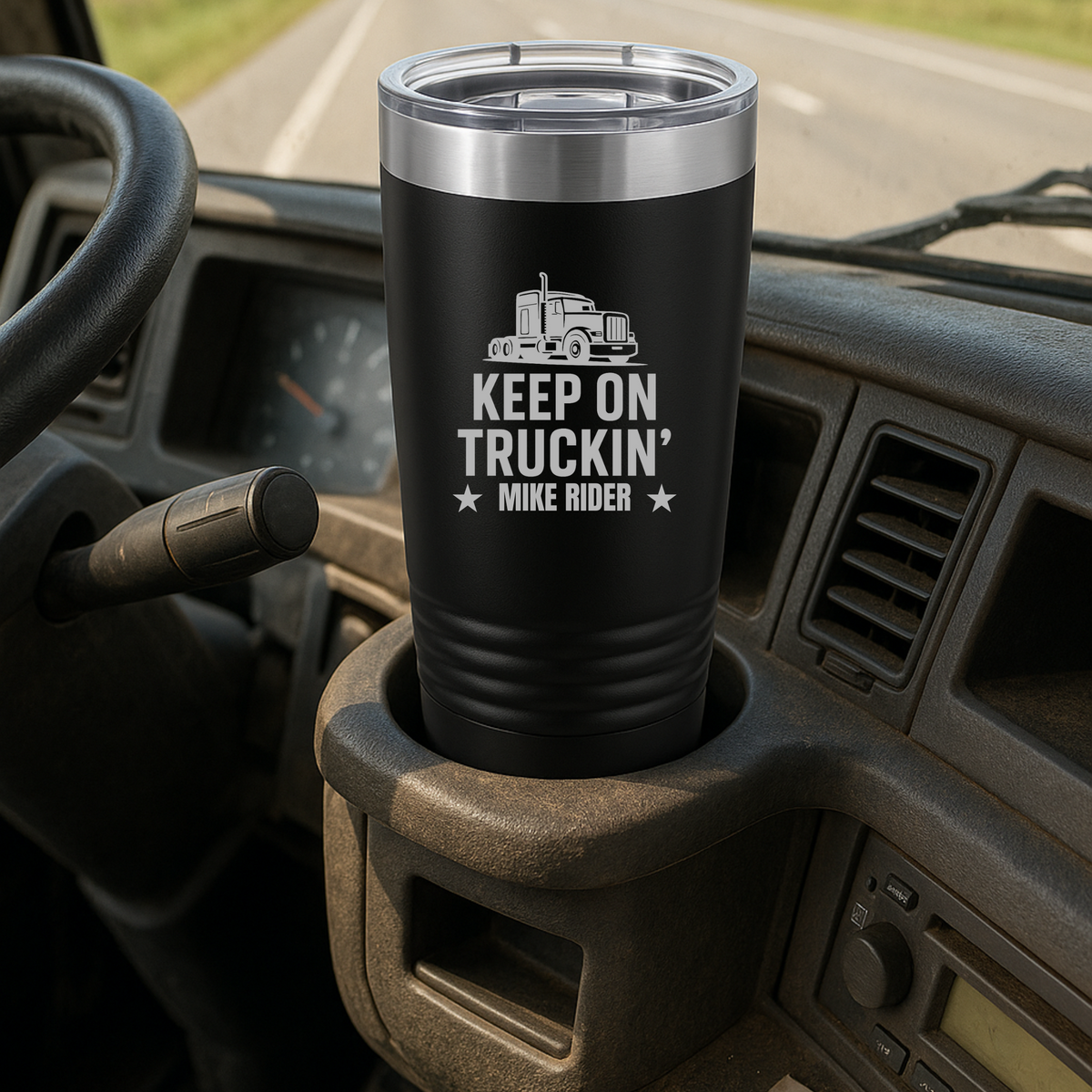 Personalized trucker stainless steel tumbler with truck design and name imprint