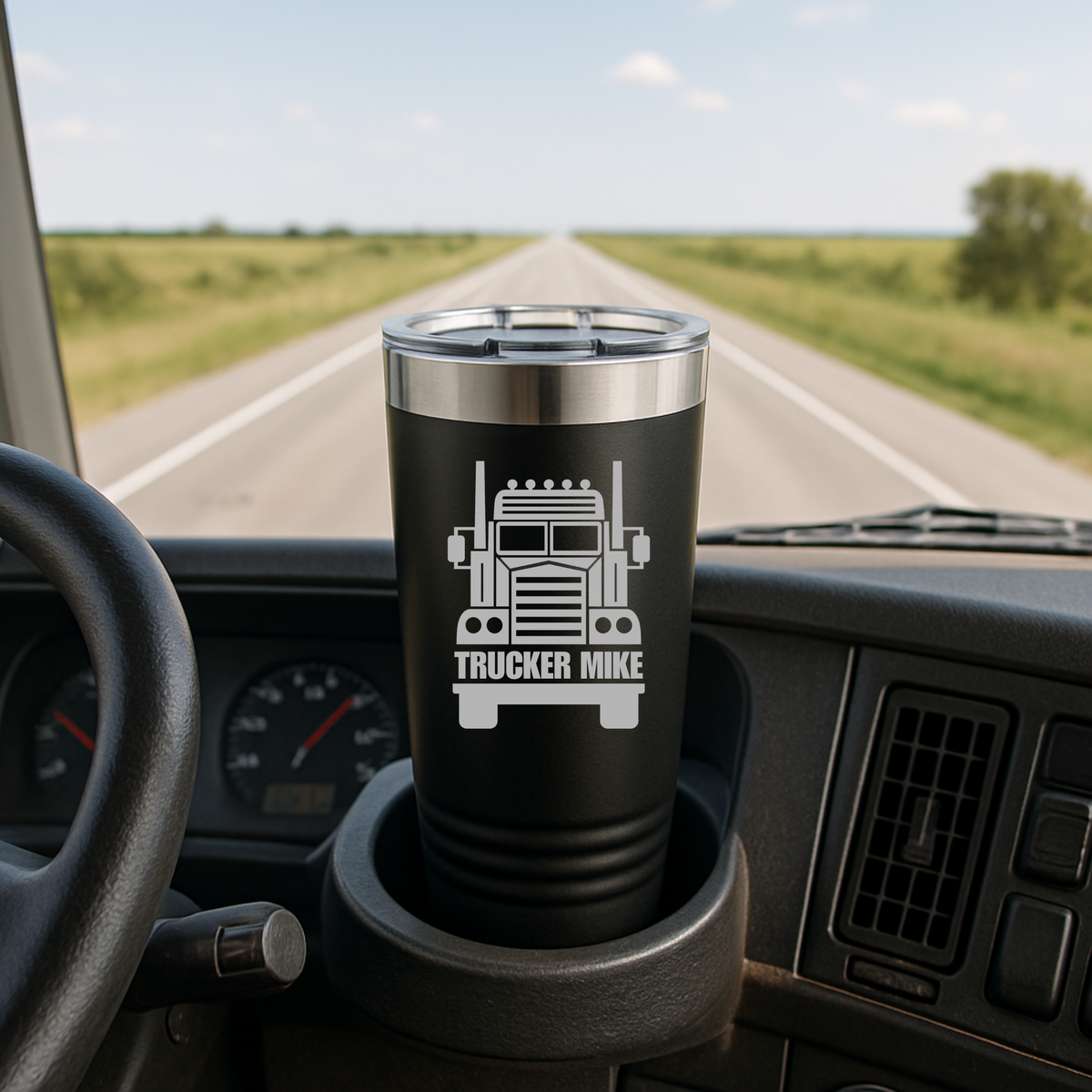 Black insulated tumbler with stainless steel rim engraved with sample design featuring truck cab graphic and text "TRUCKER MIKE," positioned in vehicle cup holder with highway visible through windshield