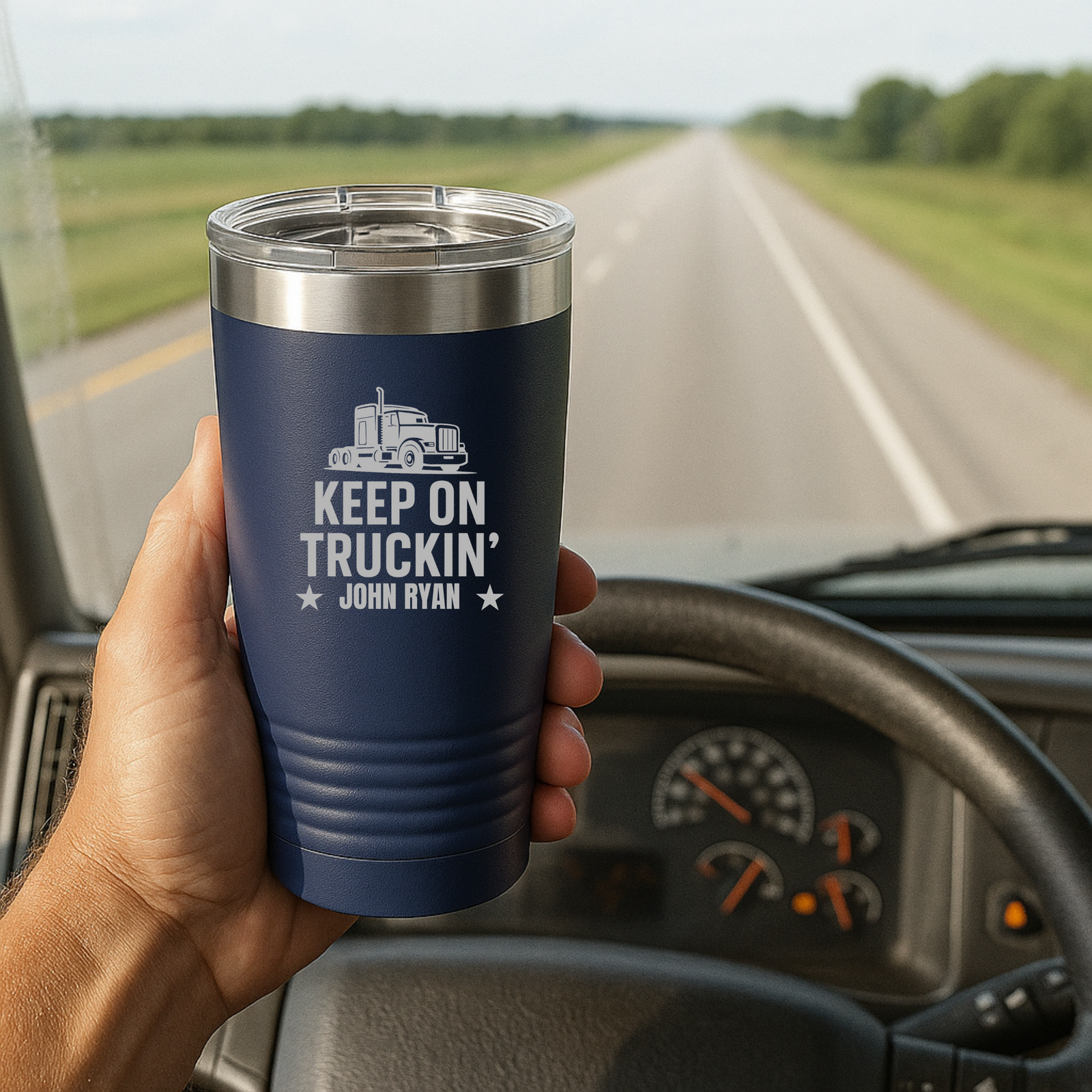 Navy insulated tumbler with stainless steel rim, personalized with sample engraving "Keep on Truckin' John Ryan" and truck icon, held in hand inside cab with road visible through windshield.
