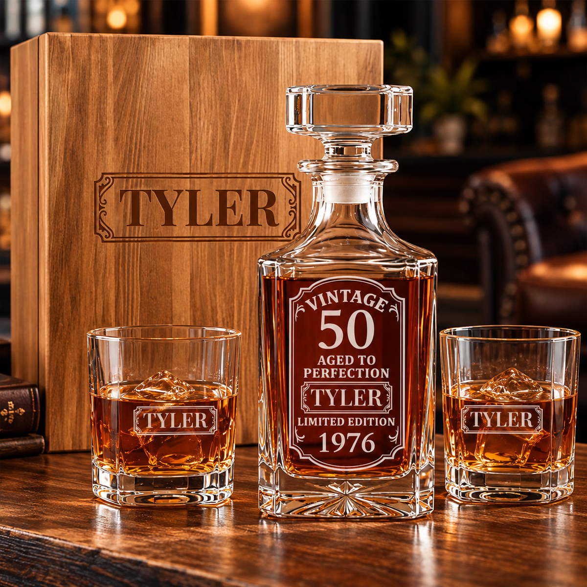 A personalized whiskey decanter and two matching engraved whiskey glasses displayed on a wooden table, with a branded wooden gift box behind them. The decanter and glasses feature a vintage-style label reading 'TYLER 50 Aged to Perfection Tyler Limited Edition 1976'.