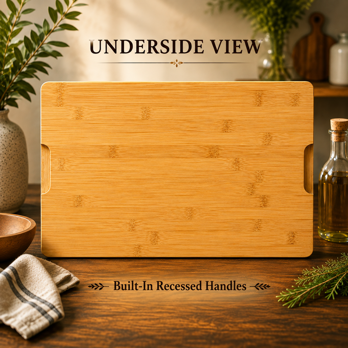 Bamboo cutting board with built-in recessed handles, shown underside view on rustic wood surface with greenery and kitchen accessories