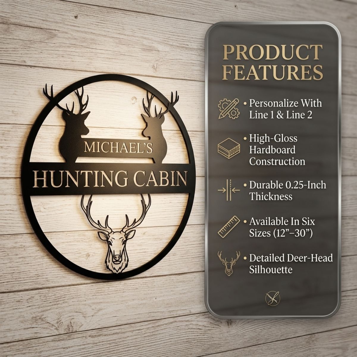 Oval metal wall sign with deer silhouettes and "Michael's Hunting Cabin" text, displayed with product features list showing personalization options and specifications.