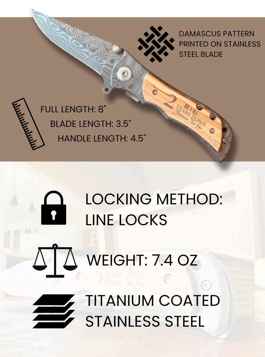 Custom engraved anniversary blade with Damascus pattern blade, wood handle, and product specifications including 8-inch full length, titanium-coated stainless steel, and line lock mechanism
