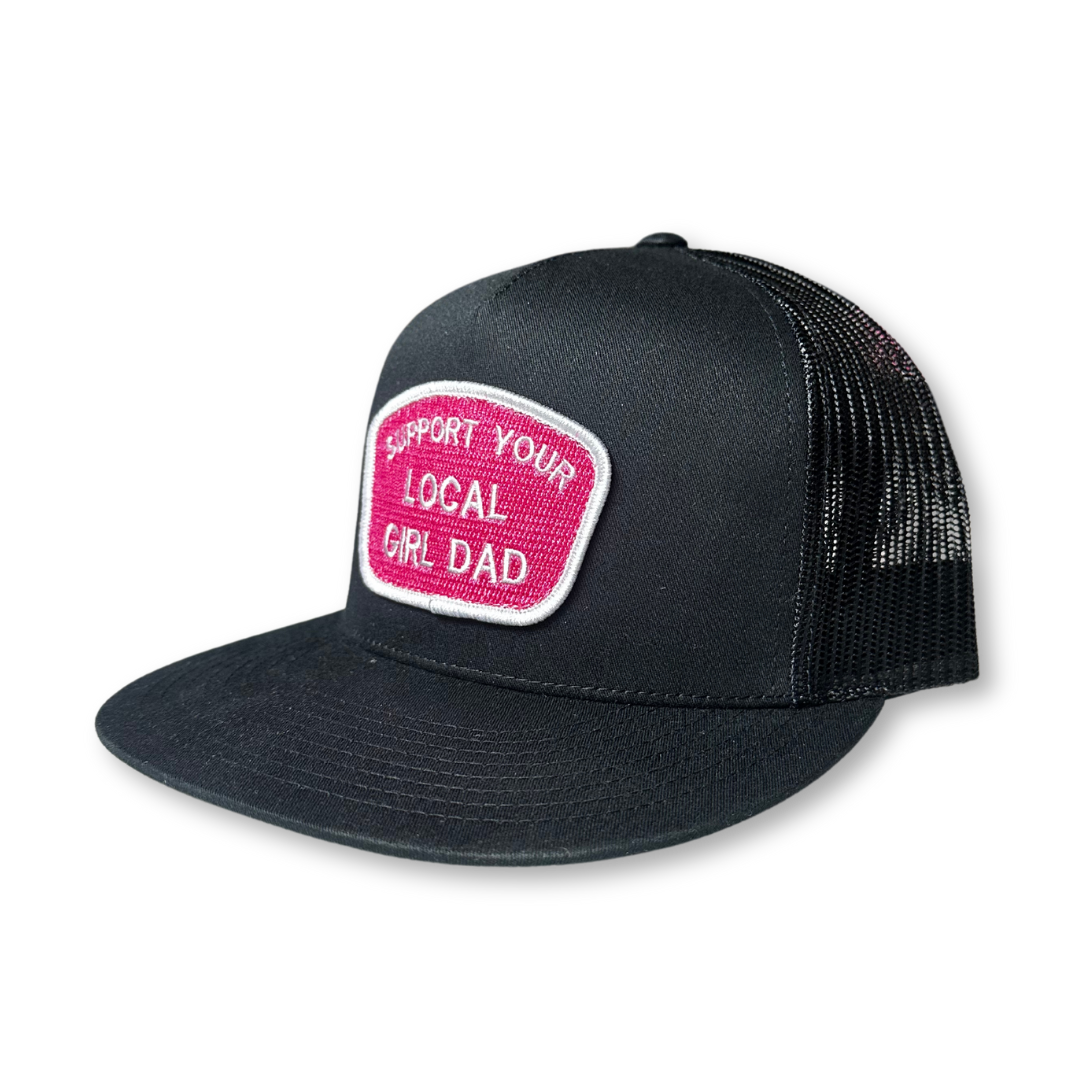 Support Your Local Girl Dad flat bill mesh hat with embroidered patch, charcoal/white and black options.