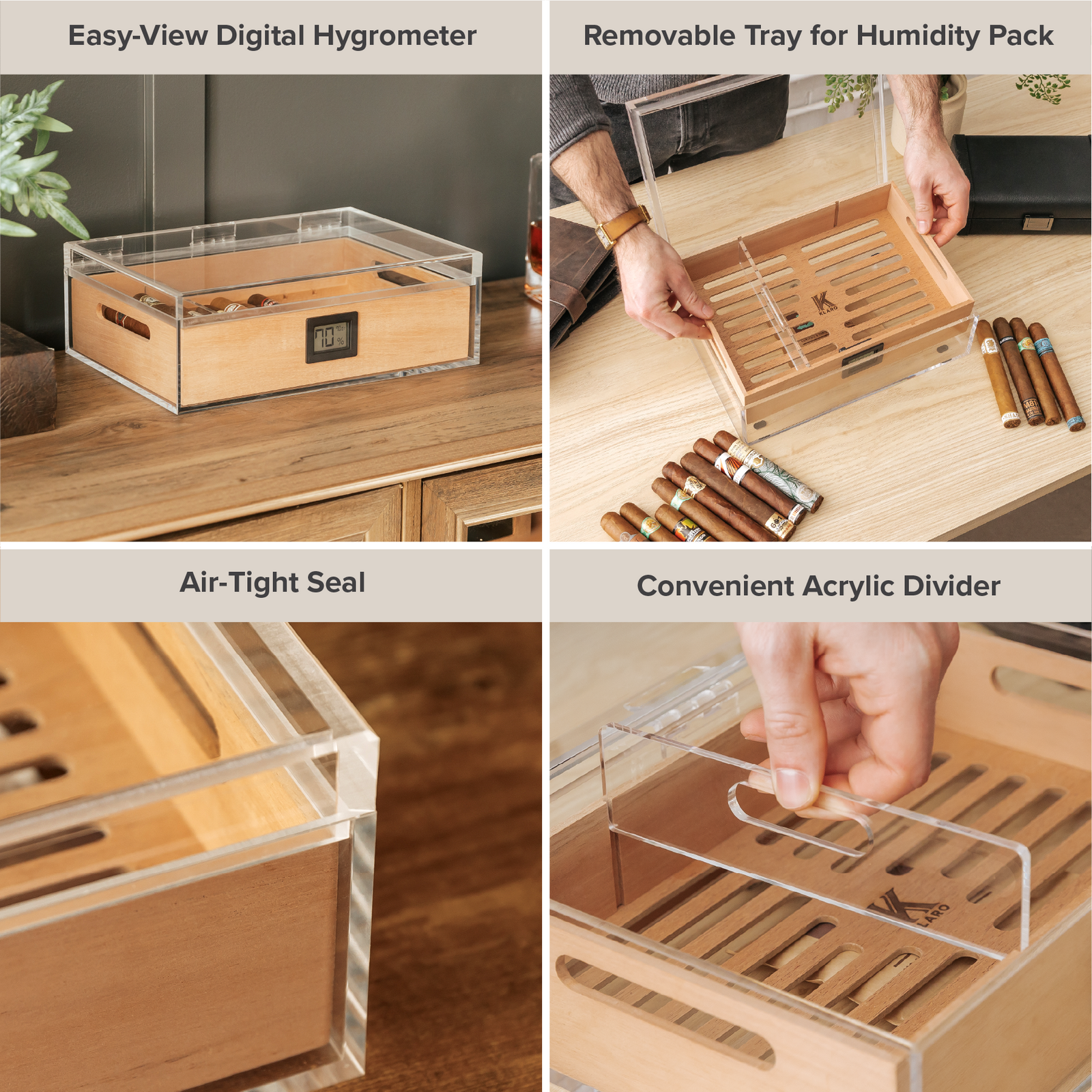 Clear acrylic cigar humidor with Spanish cedar tray and digital hygrometer.