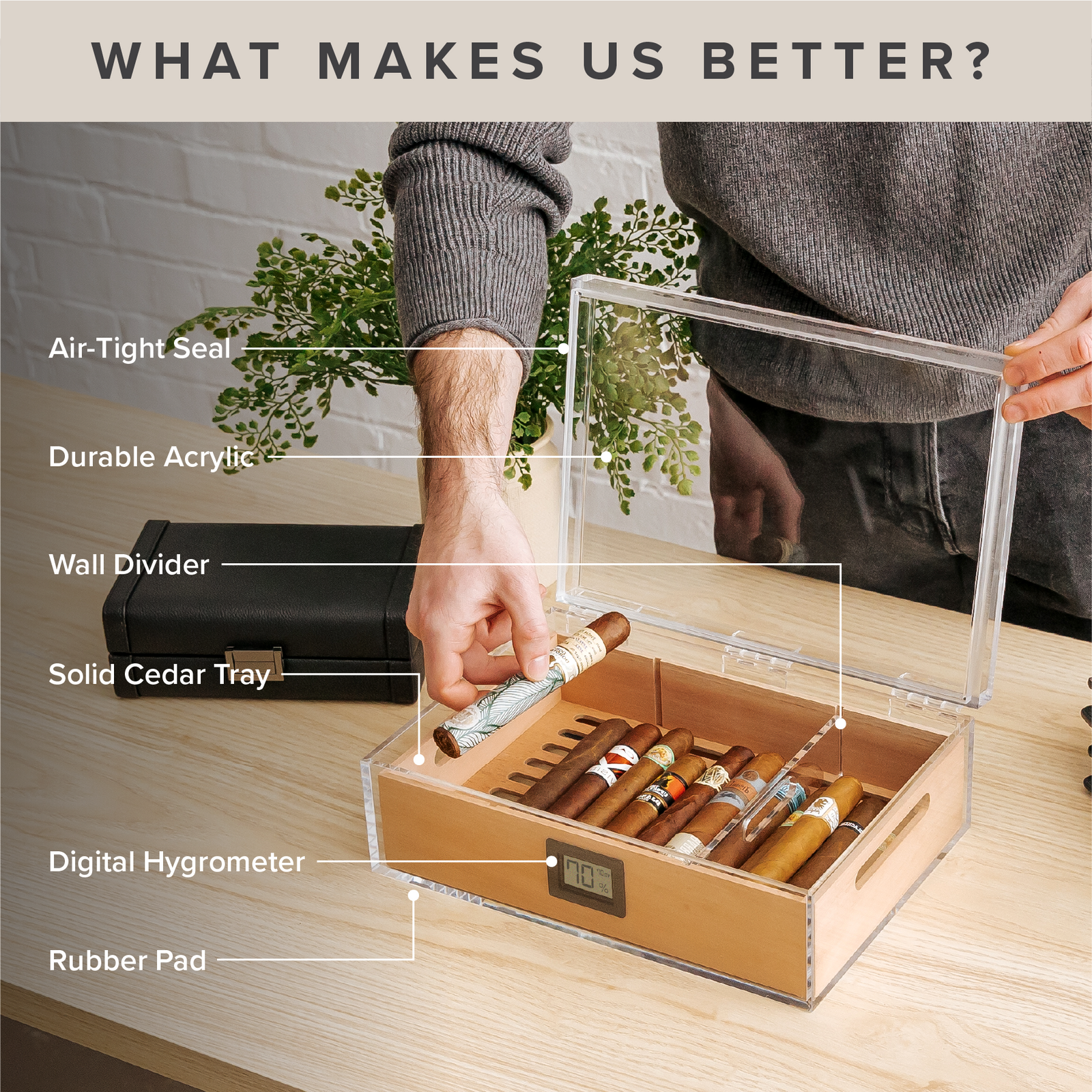 Clear acrylic cigar humidor with Spanish cedar tray and digital hygrometer.