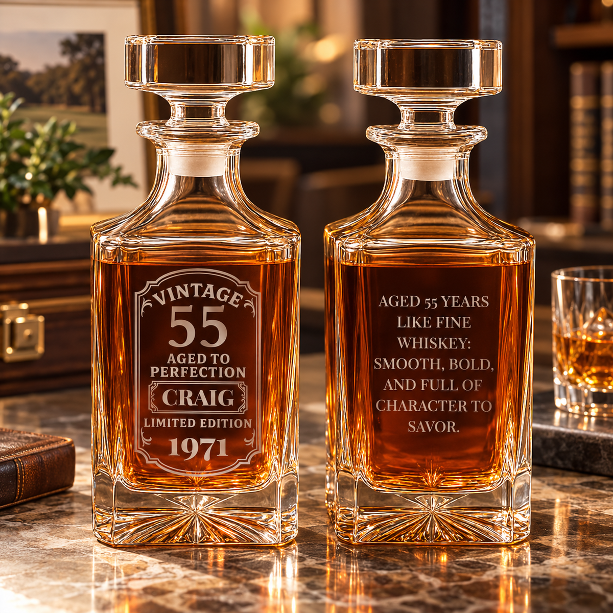 Personalized vintage birthday decanter engraved Vintage 55 Aged to Perfection for Craig, born 1971, shown beside the back of the decanter carrying its engraved message.