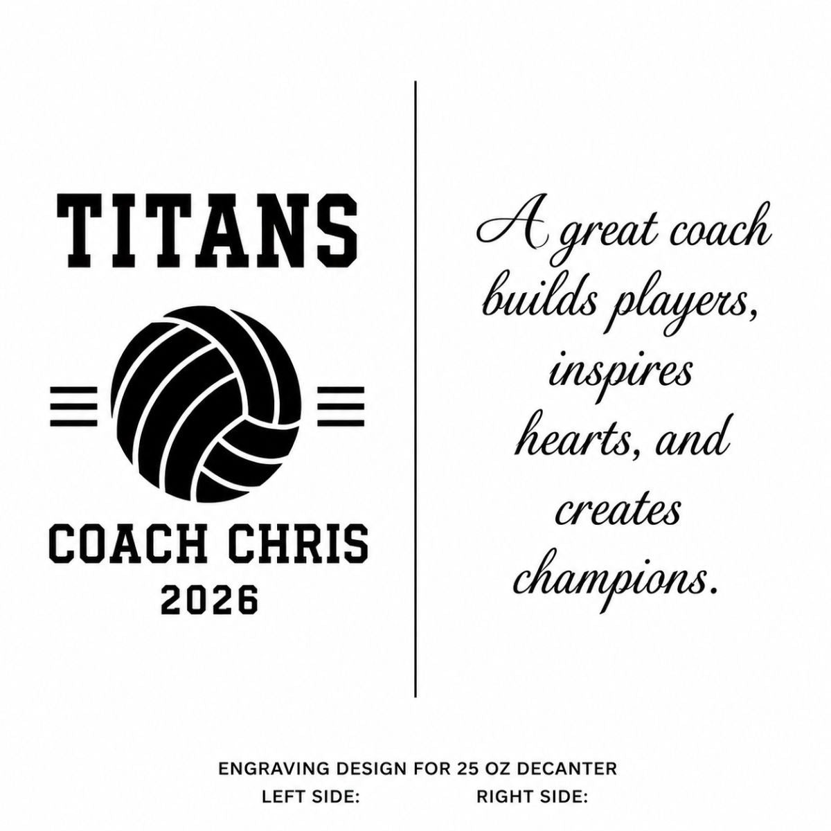 Personalized volleyball coach whiskey decanter engraved with coach name, team name, and year