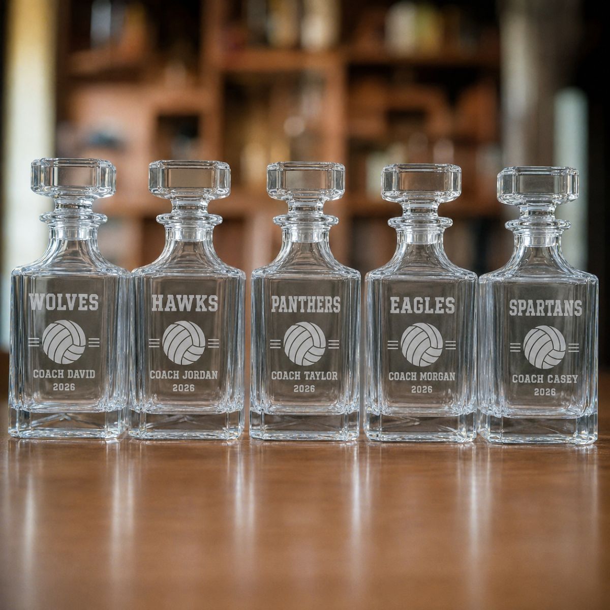 Personalized volleyball coach whiskey decanter engraved with coach name, team name, and year