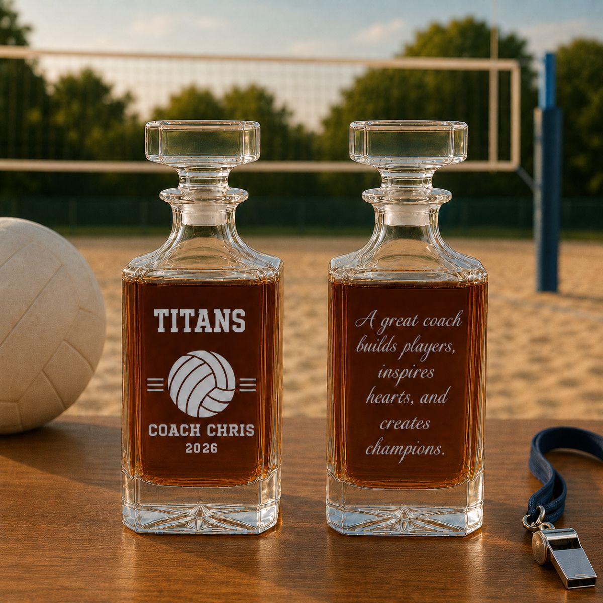 Personalized volleyball coach whiskey decanter engraved with coach name, team name, and year