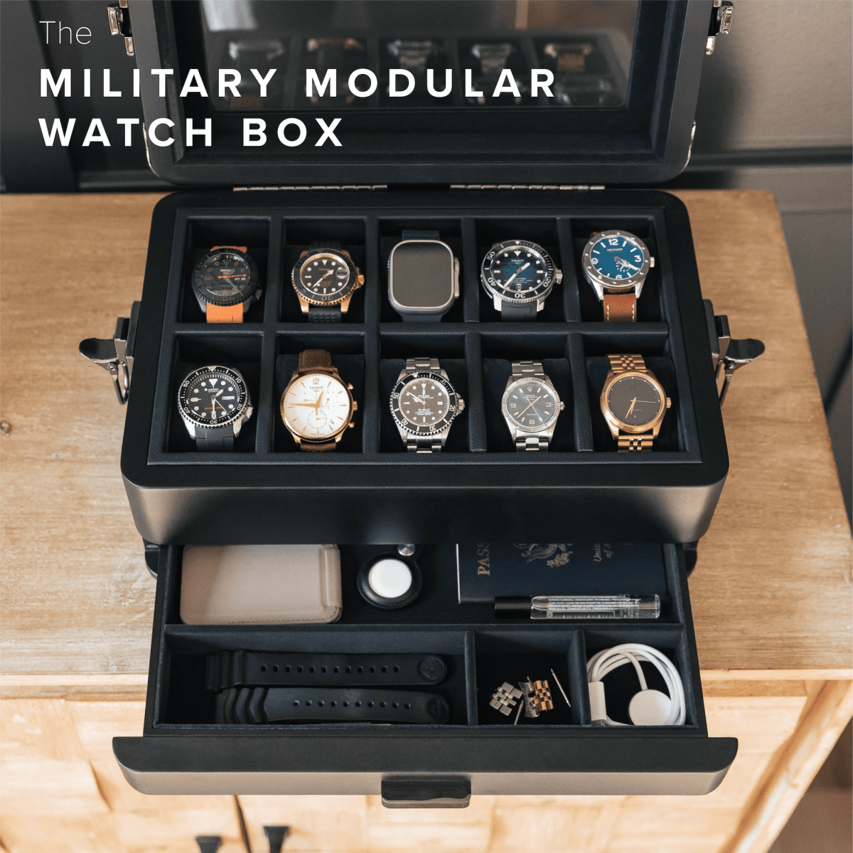 Unique Personalized Black Edition Military Modular Watch Box - 10 Slot Customized watch box Gifts for Men by Groovy Guy