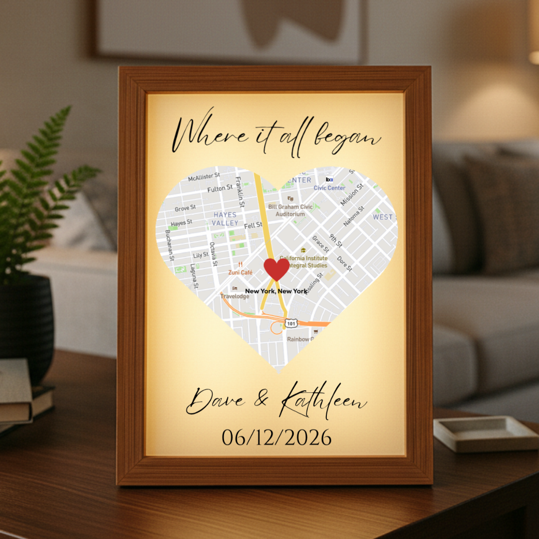 Valentine’s Day gift for him – personalized framed New York City map with heart design