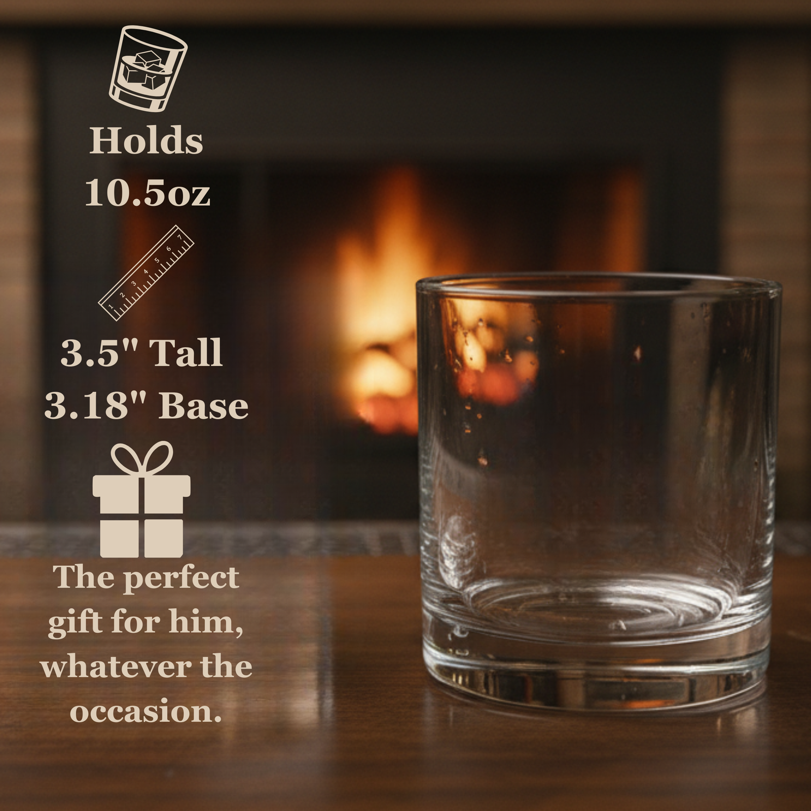 Clear whiskey glass with textured surface displayed against fireplace background, showing 10.5oz capacity and 3.5-inch height specifications