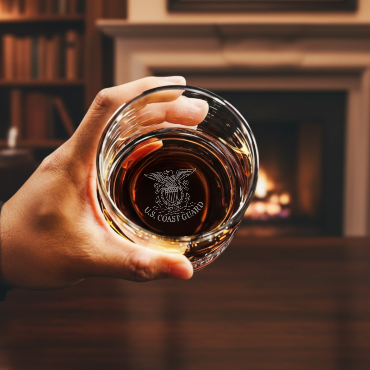 Hand holding engraved whiskey glass with U.S. Coast Guard emblem and amber liquid, fireplace in background