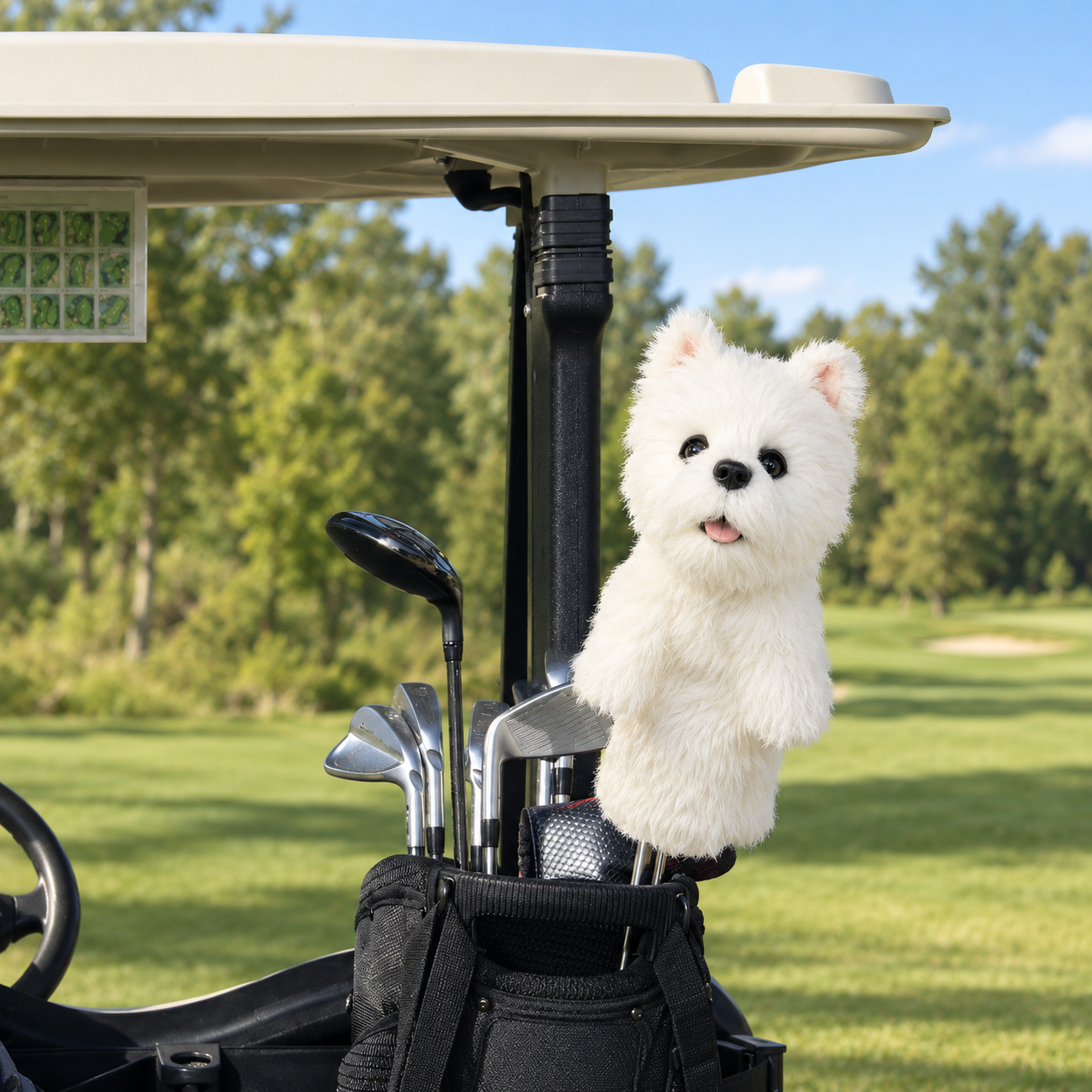 White terrier dog golf headcover positioned on golf club in black stand, displayed on golf course with trees and fairway in background