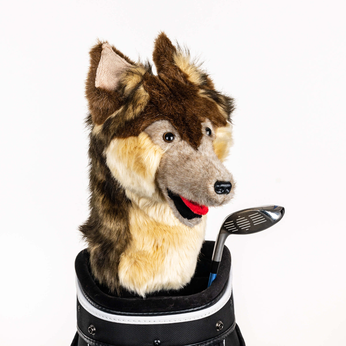 Plush wolf golf headcover covering a club in a golf bag, a standout golf gift for men from Groovy Guy Gifts