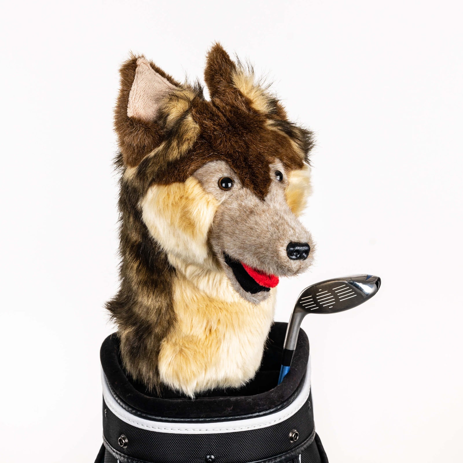 Plush wolf golf headcover covering a club in a golf bag, a standout golf gift for men from Groovy Guy Gifts