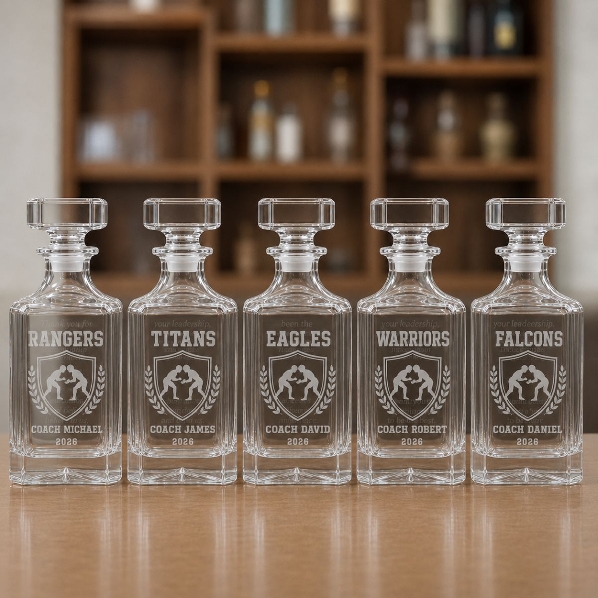 Personalized wrestling coach whiskey decanter engraved with custom team name, coach name, and year, featuring a deep-etched wrestling design on premium glass.