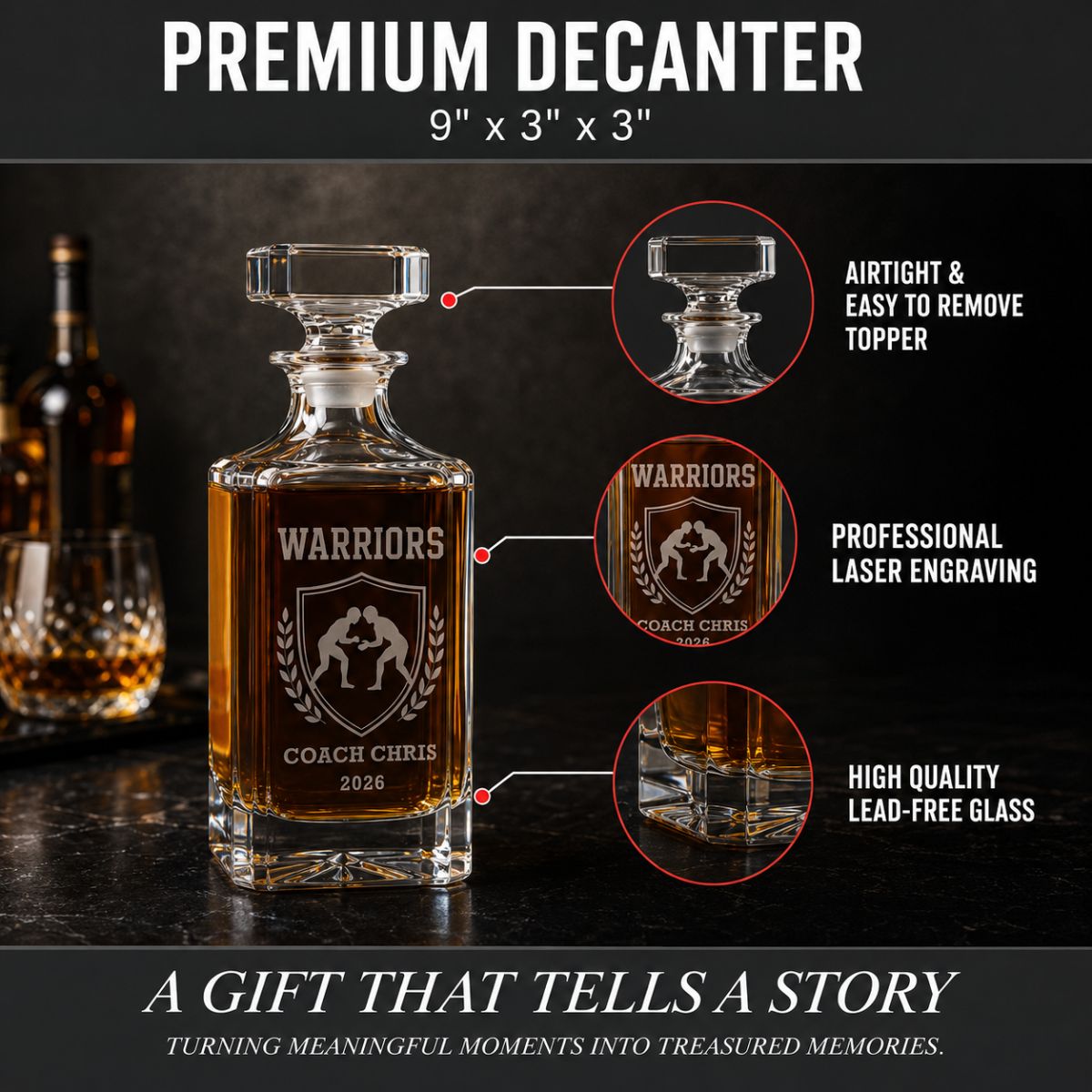 Personalized wrestling coach whiskey decanter engraved with custom team name, coach name, and year, featuring a deep-etched wrestling design on premium glass.