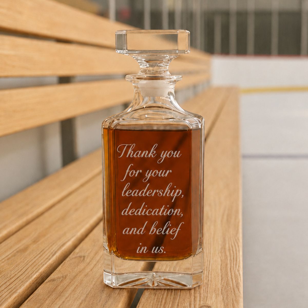 Personalized wrestling coach whiskey decanter engraved with custom team name, coach name, and year, featuring a deep-etched wrestling design on premium glass.