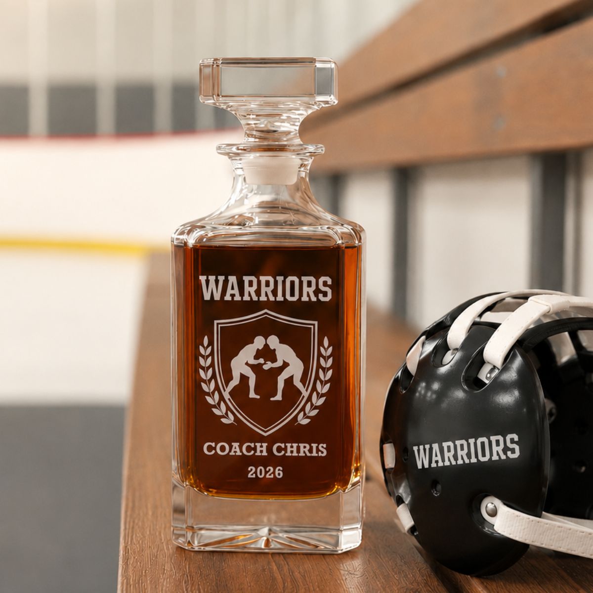 Personalized wrestling coach whiskey decanter engraved with custom team name, coach name, and year, featuring a deep-etched wrestling design on premium glass.