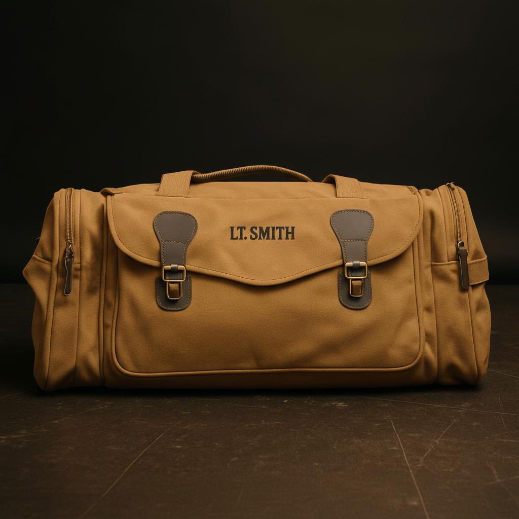 Tan canvas duffle bag with brown leather straps and accents, personalized with sample name "LT. SMITH" embroidered on front flap
