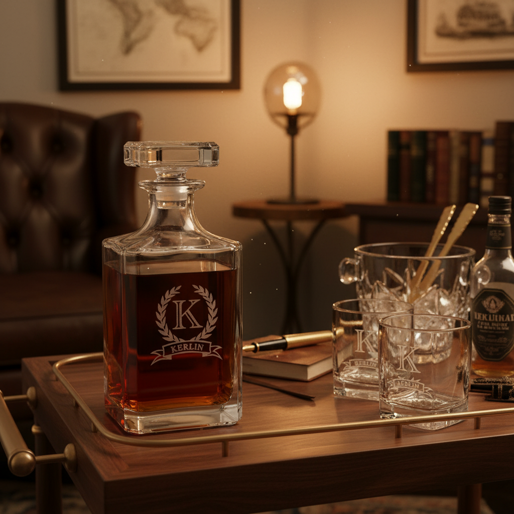 Personalized crystal decanter with sample engraving showing initial "K" and "BERLIN" displayed on desk with matching monogrammed glasses in home bar setting