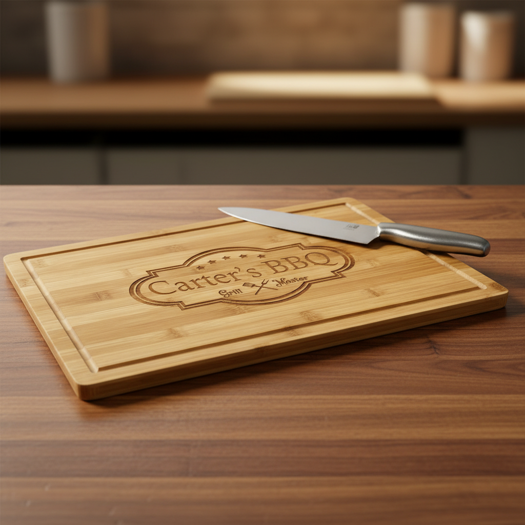 Bamboo cutting board with juice groove, laser-engraved with sample "Carter's BBQ Grill Master" design and decorative banner motif, displayed with carving knife