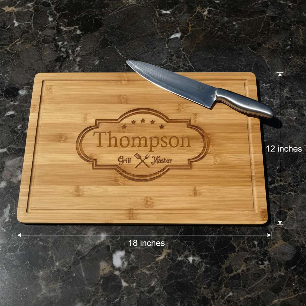 Bamboo cutting board personalized with laser-engraved sample name "Thompson" and "Grill Master" design with crossed utensils and stars, 18" x 12", displayed with chef's knife on marble surface