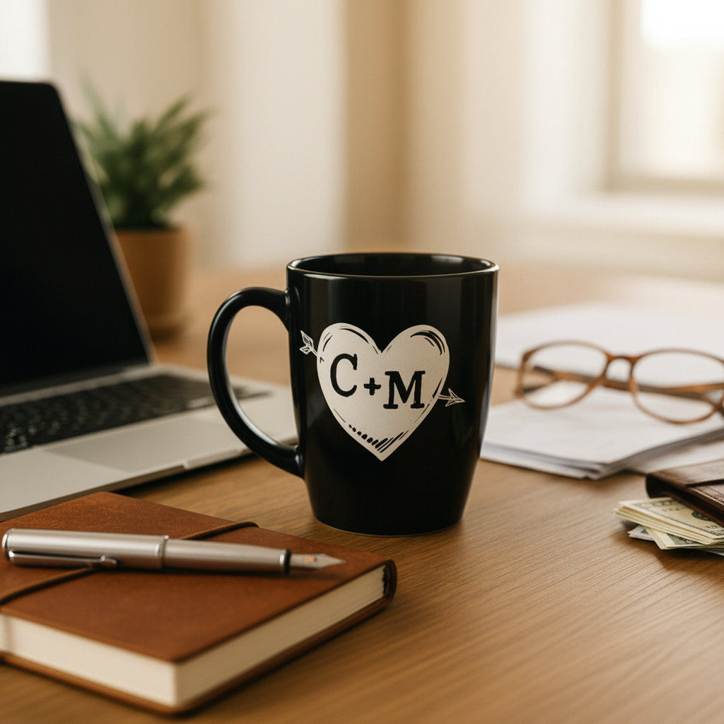 Black ceramic mug with sample initials "C+M" engraved in heart with arrow design, displayed on wooden desk beside notebook and glasses