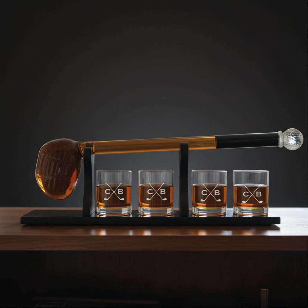 Golf club decanter set with four whiskey glasses engraved with sample monogram "CB" and crossed clubs design, displayed on black wooden stand