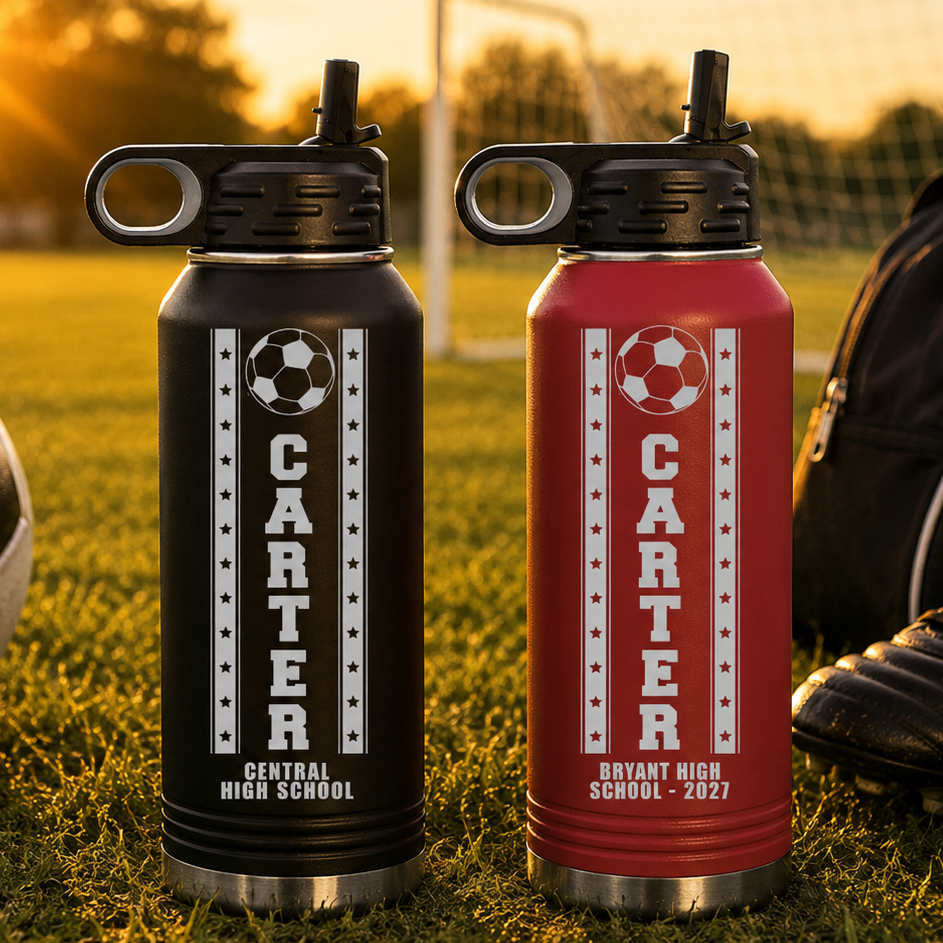 Two insulated water bottles with sample personalization: black bottle engraved "CARTER CENTRAL HIGH SCHOOL" and red bottle engraved "CARTER BRYANT HIGH SCHOOL - 2027," both featuring soccer ball and star designs, positioned on a soccer field at sunset.