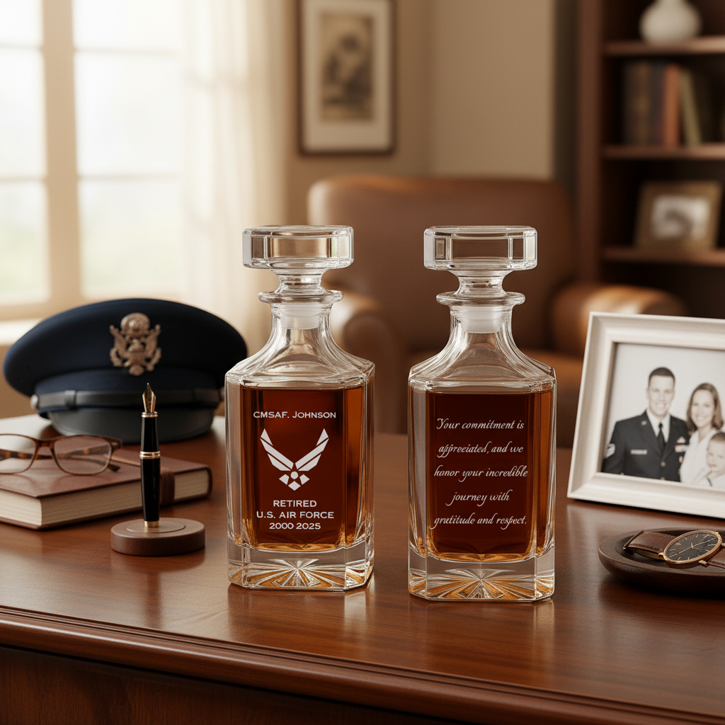 Pair of crystal decanters engraved with sample Air Force retirement message, rank name and wings emblem, filled with amber liquid, displayed on wooden desk with military memorabilia