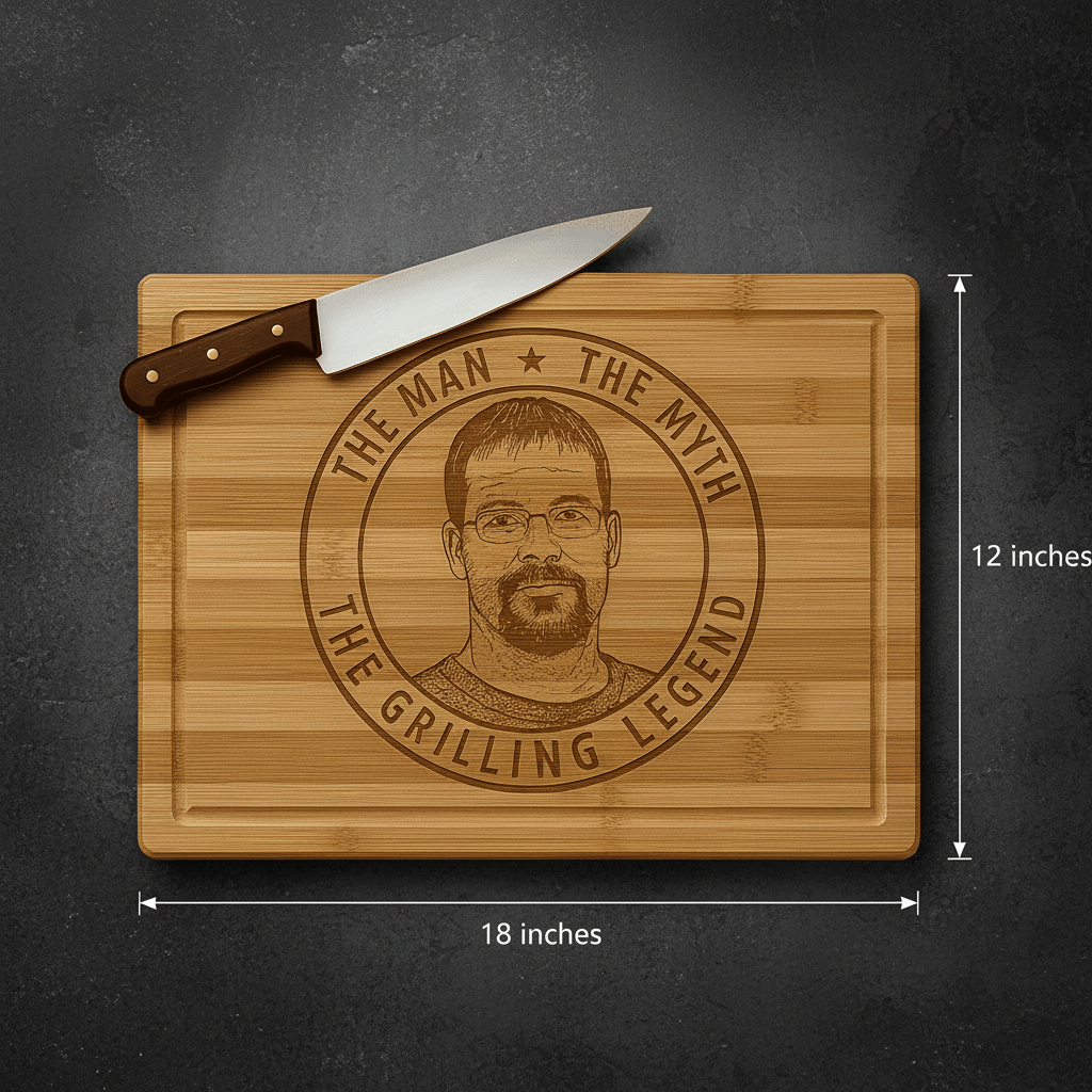 Bamboo cutting board engraved with sample portrait of bearded man in circular badge design with "The Man The Myth The Grilling Legend" text, 18 x 12 inches, with chef's knife displayed on top