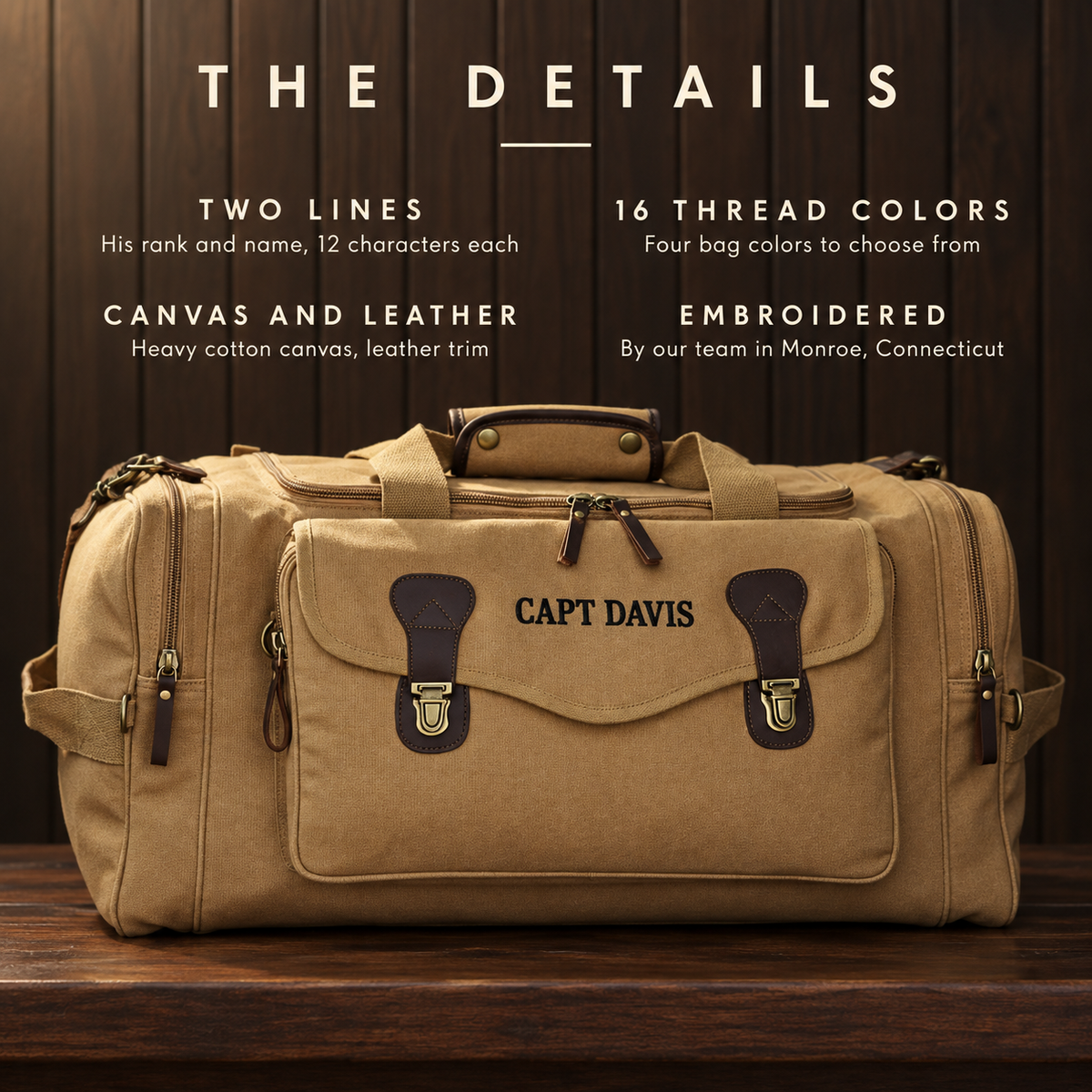 Details card for the personalized Air Force duffle bag: two embroidered lines, 16 thread colors, cotton canvas with leather trim, shown embroidered CAPT DAVIS