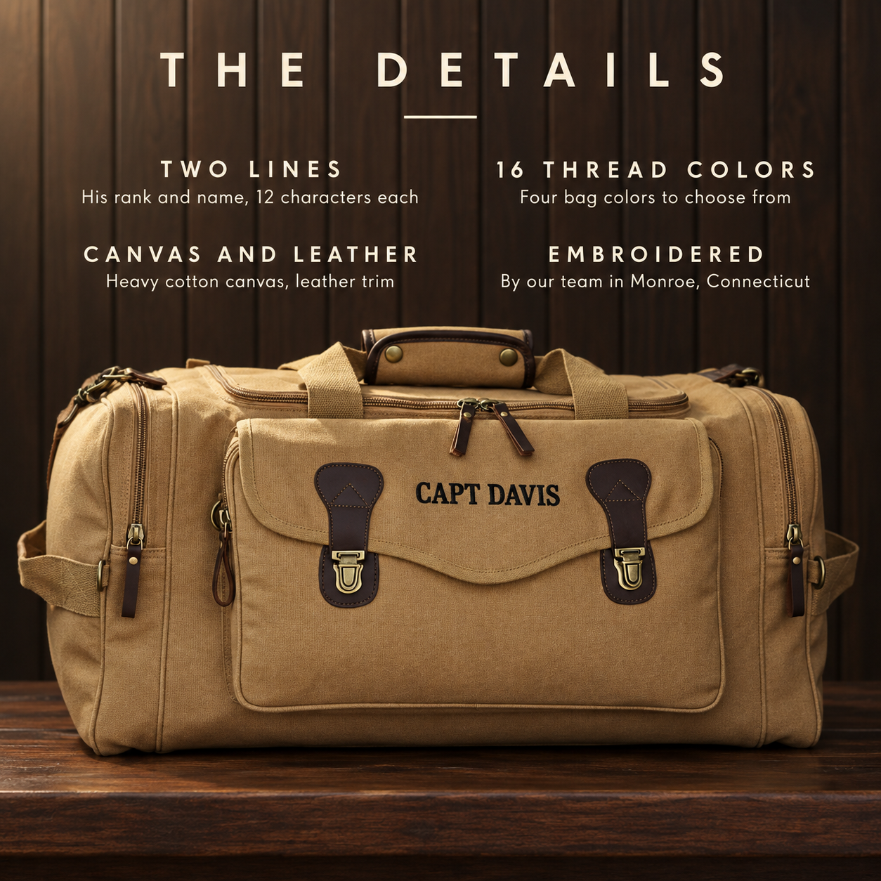 Details card for the personalized Air Force duffle bag: two embroidered lines, 16 thread colors, cotton canvas with leather trim, shown embroidered CAPT DAVIS