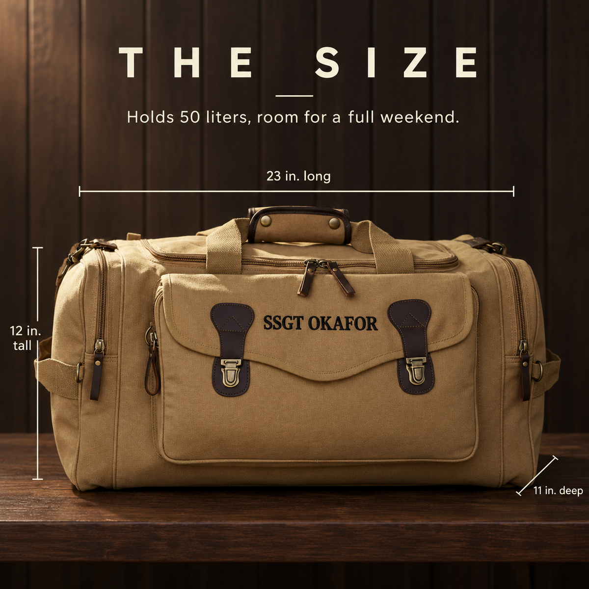 Size card showing the Air Force duffle bag is 23 inches long, 12 inches tall and 11 inches deep and holds 50 liters, shown embroidered SSGT OKAFOR