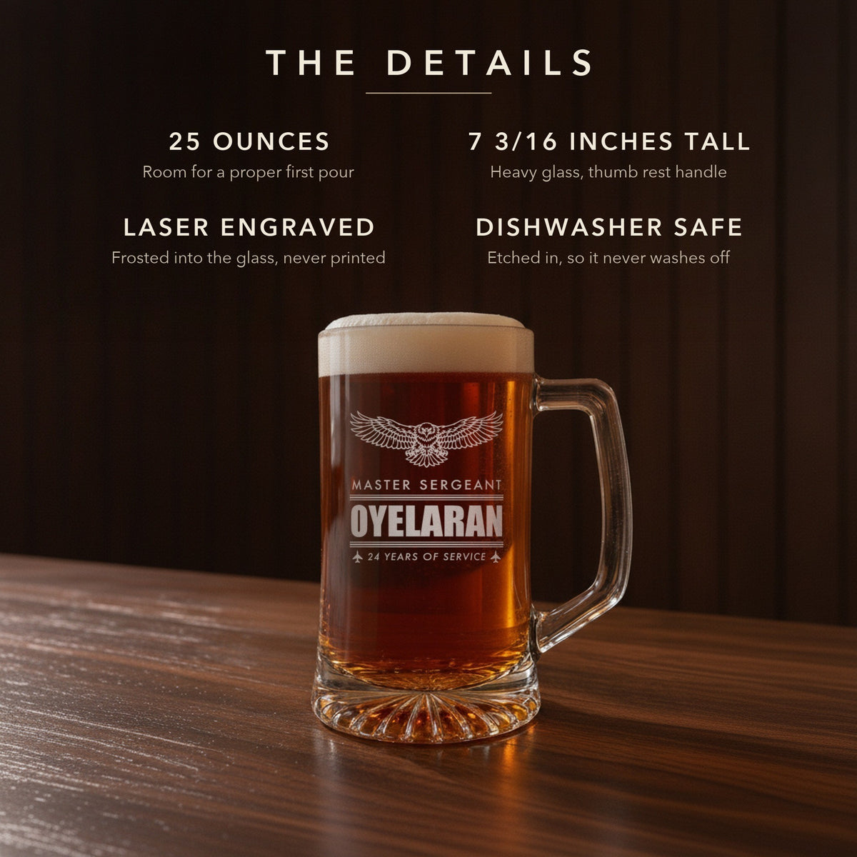 Details card for the personalized Air Force retirement beer stein: 25 ounces, 7 3/16 inches tall, laser engraved, dishwasher safe, Master Sergeant