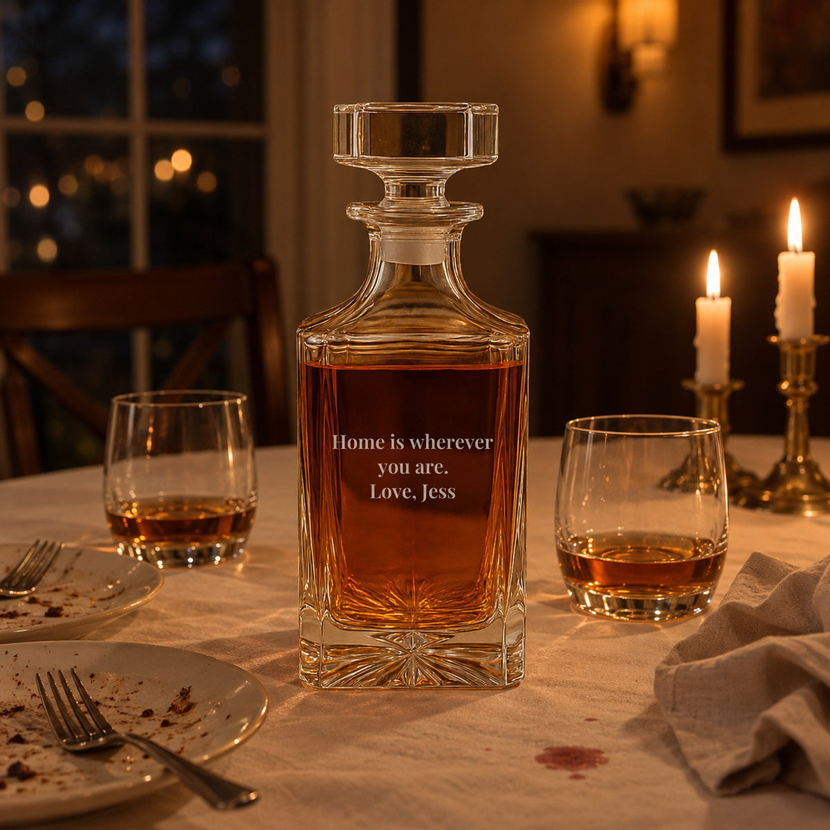 Engraved whiskey decanter for husband on an anniversary dinner table by candlelight, its back engraved with Home is wherever you are and signed Love, Jess