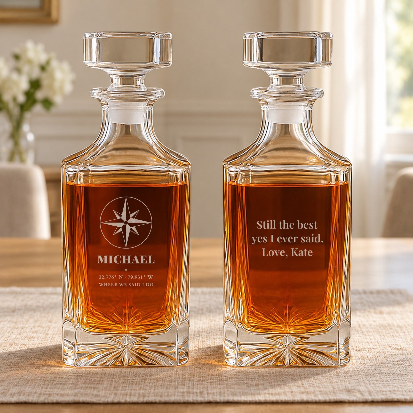 Front and back of a personalized anniversary whiskey decanter for husband: a compass, the name Michael, Charleston wedding coordinates and a love note