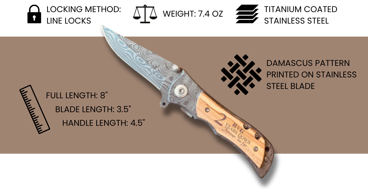 Custom engraved anniversary blade with Damascus pattern blade, wood handle, and product specifications including 8-inch full length, titanium-coated stainless steel, and line lock mechanism