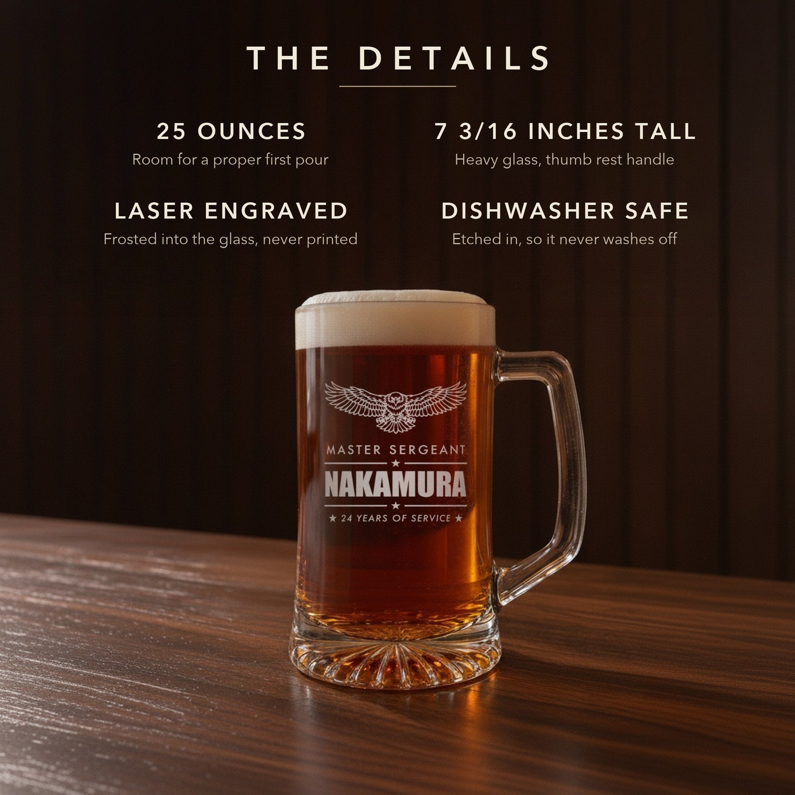 Details card for the personalized Army retirement beer stein: 25 ounces, 7 3/16 inches tall, laser engraved, dishwasher safe, Master Sergeant