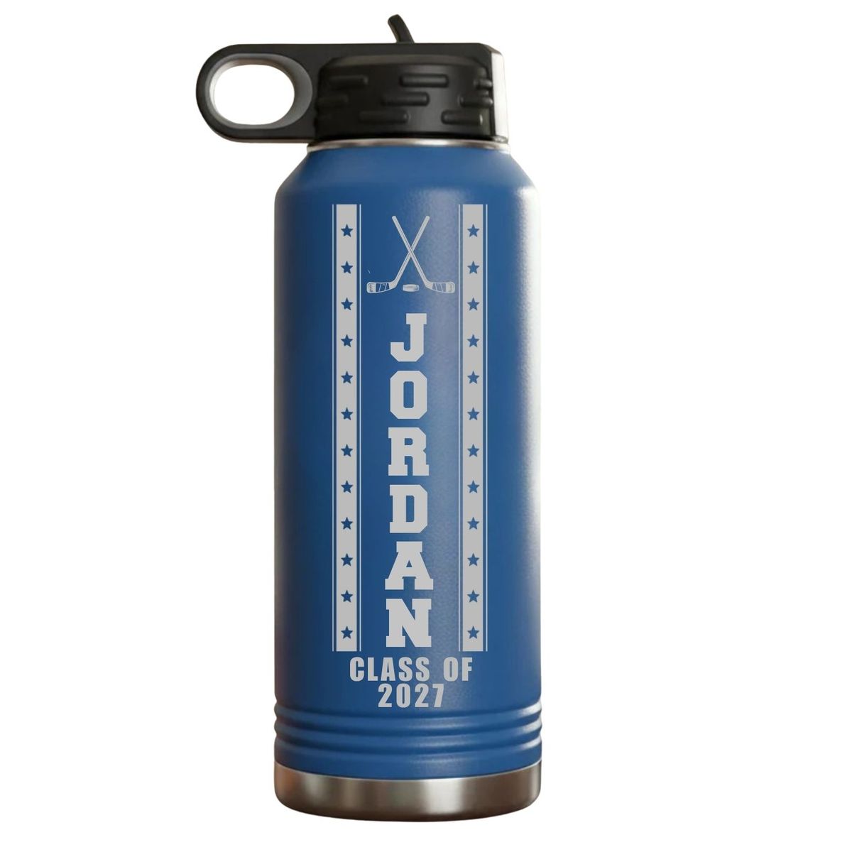 Blue personalized senior night hockey water bottle engraved with sample name JORDAN and CLASS OF 2027 in a crossed hockey sticks star-banner design